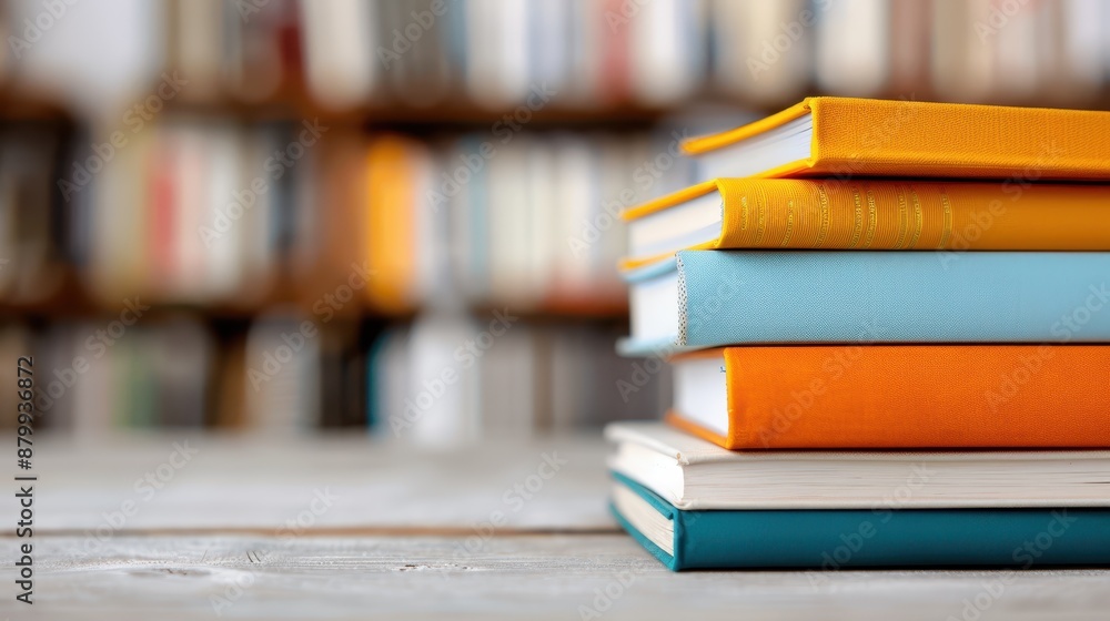 A neatly arranged stack of bright-colored hardcover books sits on a wooden table in the foreground, with rows of bookshelves blurred in the background. A neatly arranged stack of bright-colored hardcover books sits on a wooden table in the foreground, with rows of bookshelves blurred in the background.