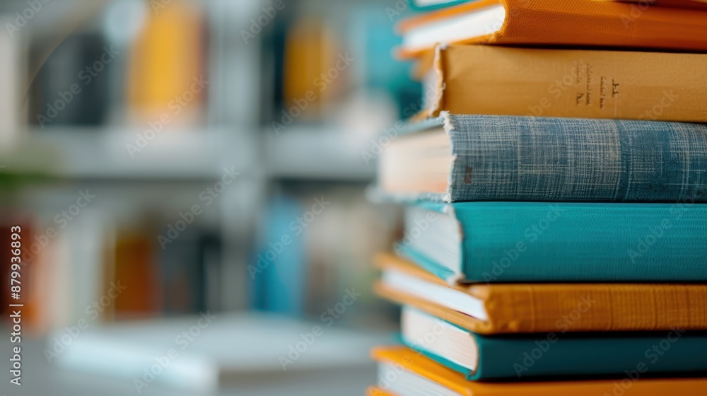 A tall stack of colorful hardcover books including blue, orange, and yellow, sits on a table in the foreground with blurred rows of bookshelves in the background. A tall stack of colorful hardcover books including blue, orange, and yellow, sits on a table in the foreground with blurred rows of bookshelves in the background.