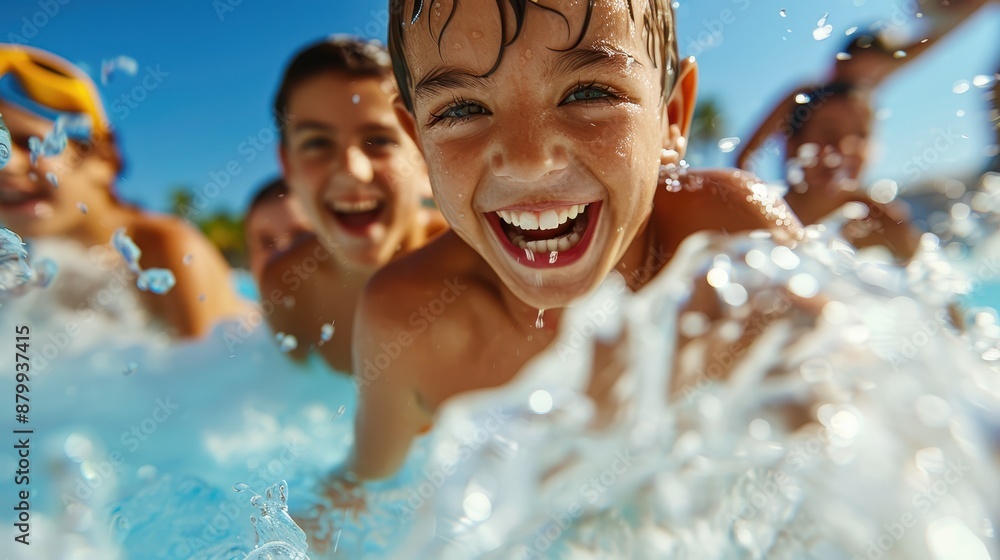 A group of children laugh happily while playing in a pool, capturing the essence of fun and togetherness in the water. The bright and sunny day adds to the cheerful scene. A group of children laugh happily while playing in a pool, capturing the essence of fun and togetherness in the water. The bright and sunny day adds to the cheerful scene.