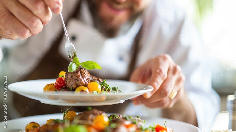 A chef meticulously adding herbs to a gourmet dish, highlighting his culinary skills and the importance of presentation in the art of cooking, emphasizing freshness and quality. A chef meticulously adding herbs to a gourmet dish, highlighting his culinary skills and the importance of presentation in the art of cooking, emphasizing freshness and quality.