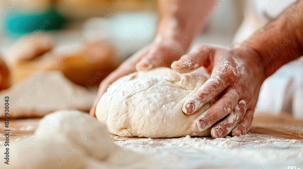Close-up shot of hands kneading dough on a floured surface, showcasing the process of bread-making. The image captures the essence of traditional baking techniques. Close-up shot of hands kneading dough on a floured surface, showcasing the process of bread-making. The image captures the essence of traditional baking techniques.