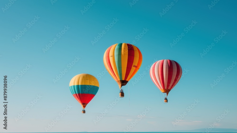 Fototapeta premium This image shows three hot air balloons gracefully floating against a clear blue sky, representing freedom, adventure, and the pure joy of flight in a tranquil setting.