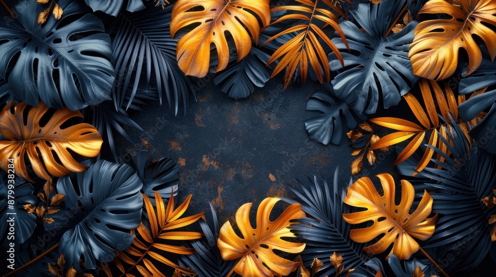 Golden and Blue Tropical Leaves Background Golden and Blue Tropical Leaves Background