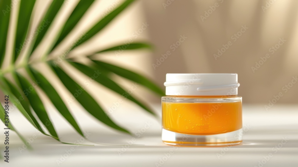 A close-up of a cosmetic jar filled with orange gel, placed on a marble surface. Adjacent is a palm leaf, adding a natural element to the clean and elegant presentation. A close-up of a cosmetic jar filled with orange gel, placed on a marble surface. Adjacent is a palm leaf, adding a natural element to the clean and elegant presentation.
