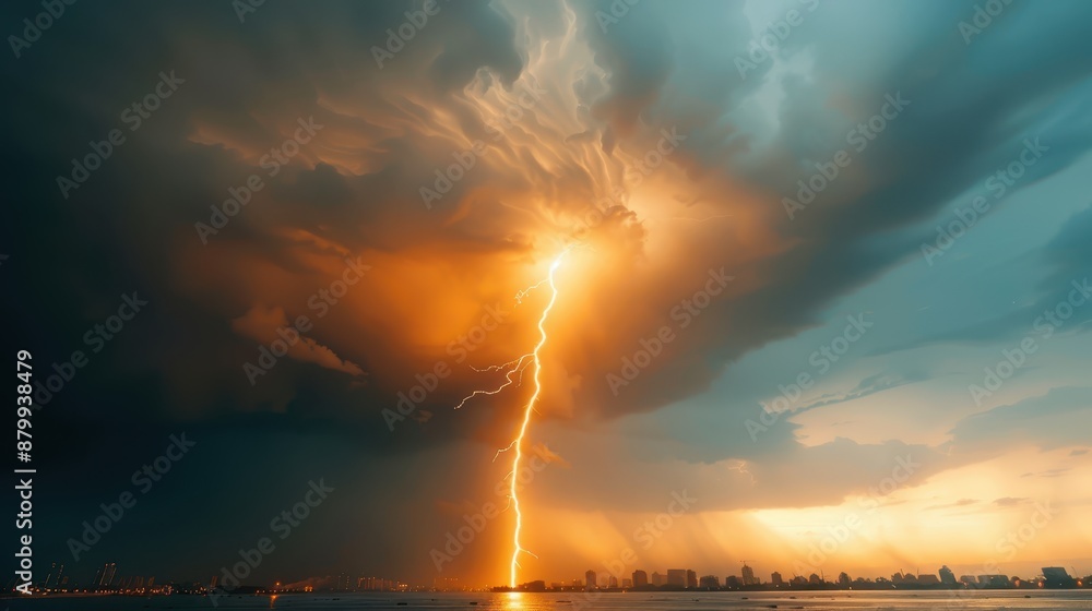 A dramatic scene of a lightning bolt striking over a city skyline at dusk, with dark storm clouds overhead. Perfect for dramatic and powerful stock images. A dramatic scene of a lightning bolt striking over a city skyline at dusk, with dark storm clouds overhead. Perfect for dramatic and powerful stock images.