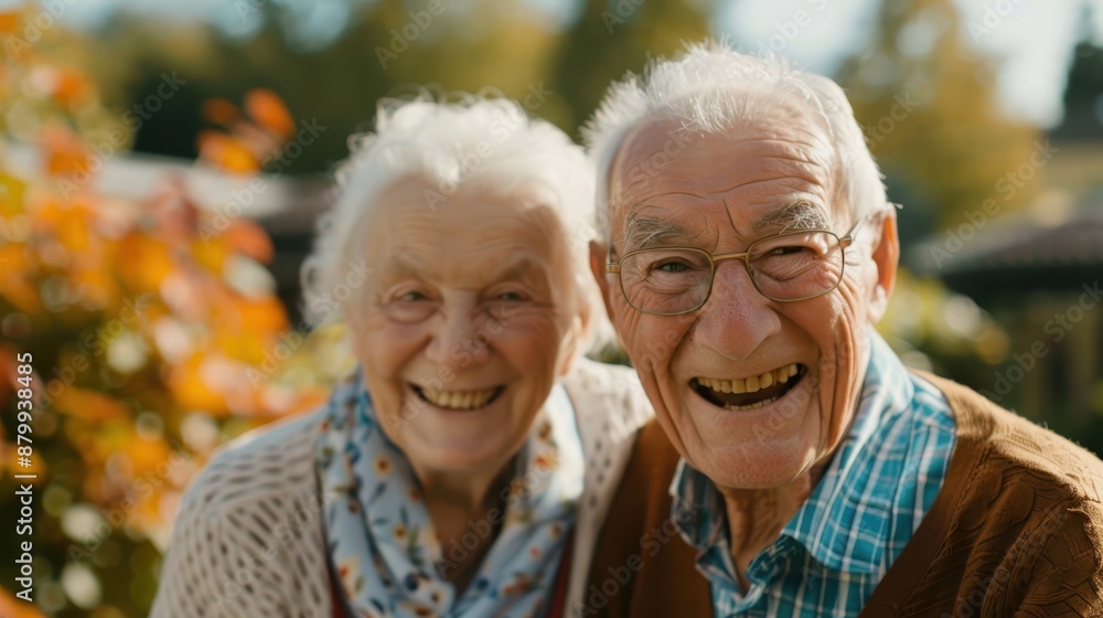Elderly couple grinning joyfully as they stand together in a lush park filled with vibrant autumn hues of orange and yellow leaves, symbolizing love and companionship. Elderly couple grinning joyfully as they stand together in a lush park filled with vibrant autumn hues of orange and yellow leaves, symbolizing love and companionship.