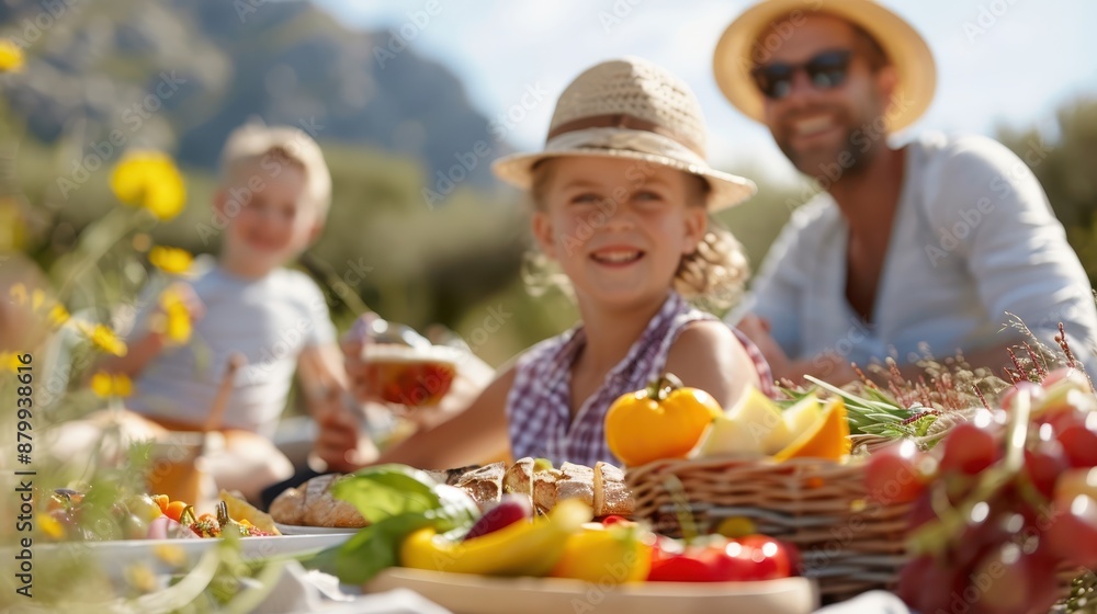 A bright and cheerful image of a family having an outdoor picnic in the countryside, featuring a variety of colorful foods and a lovely landscape, celebrating the joy of togetherness. A bright and cheerful image of a family having an outdoor picnic in the countryside, featuring a variety of colorful foods and a lovely landscape, celebrating the joy of togetherness.