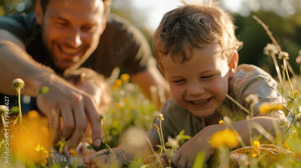 This captivating image captures a father with his son exploring the beauty of nature among blooming flowers, highlighting a joyful and educational bonding moment in the fresh outdoors. This captivating image captures a father with his son exploring the beauty of nature among blooming flowers, highlighting a joyful and educational bonding moment in the fresh outdoors.