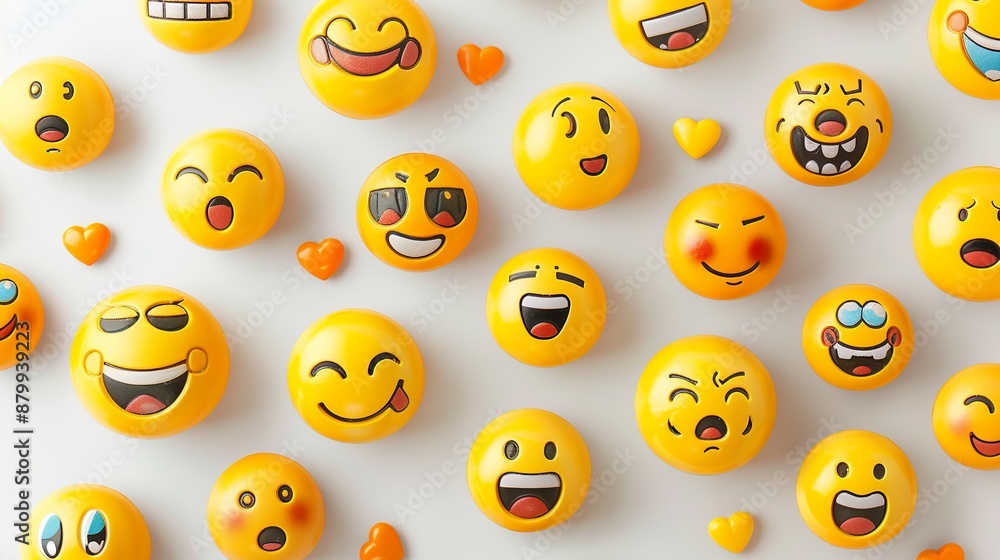 Rubber yellow emoji toys with many different facial expressions on a white background. They can be used for cards or to celebrate World Emoji Day. Rubber yellow emoji toys with many different facial expressions on a white background. They can be used for cards or to celebrate World Emoji Day.