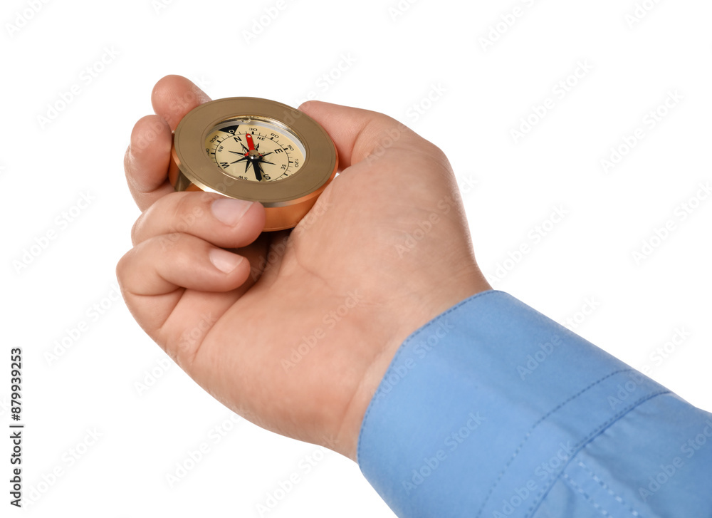Man holding compass on white background, closeup Man holding compass on white background, closeup