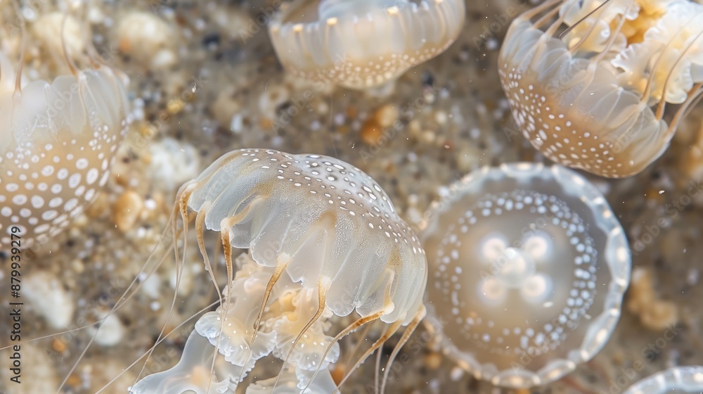 Close up image of Rhopilema nomadica jellyfish on sandy beach Natural abstract background Close up image of Rhopilema nomadica jellyfish on sandy beach Natural abstract background