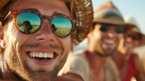 A man with a broad smile and wearing a hat enjoys a relaxing day by the seaside with friends, perfectly capturing the joy and companionship of a beach outing.