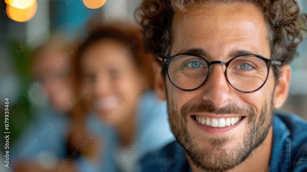 A close-up portrait of a man with curly hair, wearing glasses and a denim jacket, smiling warmly in a bright and vibrant workspace, with colleagues in the background. A close-up portrait of a man with curly hair, wearing glasses and a denim jacket, smiling warmly in a bright and vibrant workspace, with colleagues in the background.