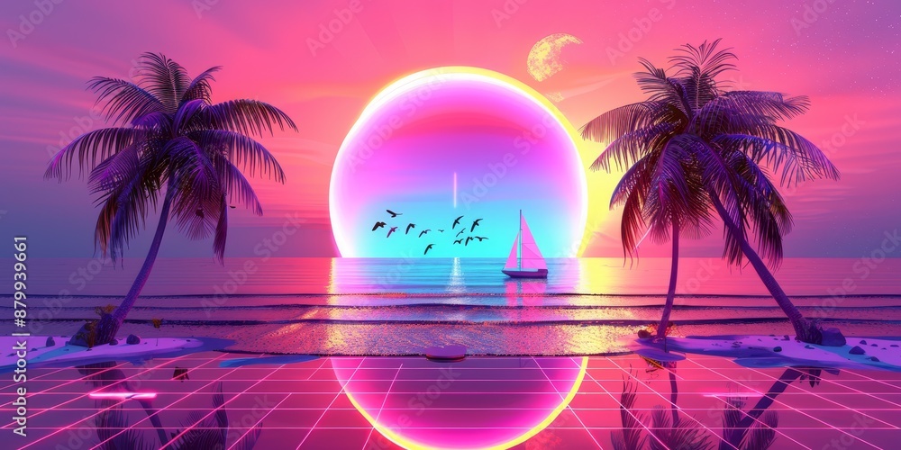 Fototapeta premium Vaporwave neon palm with sun and tropical beach. Violet pink miami ocean, summer and 80s glow sky. Holographic retro cyberpunk paradise. Exotic poster
