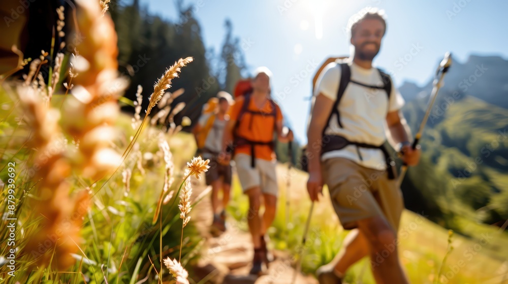 A group of hikers trekking along a sunny mountain trail, capturing the essence of adventure, exploration, and the enjoyment of nature on a bright day.