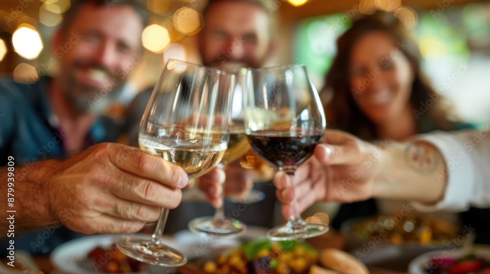 A group of friends clinks wine glasses in a toast, enjoying a heartwarming and lively indoor gathering with food and warm, ambient lighting. A group of friends clinks wine glasses in a toast, enjoying a heartwarming and lively indoor gathering with food and warm, ambient lighting.