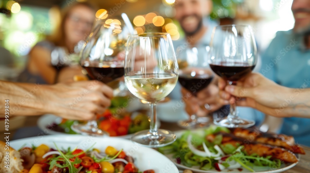 A group of friends raising their wine glasses in a toast at a lively dinner party, featuring delicious food and vibrant conversation, highlighting friendship and celebration. A group of friends raising their wine glasses in a toast at a lively dinner party, featuring delicious food and vibrant conversation, highlighting friendship and celebration.