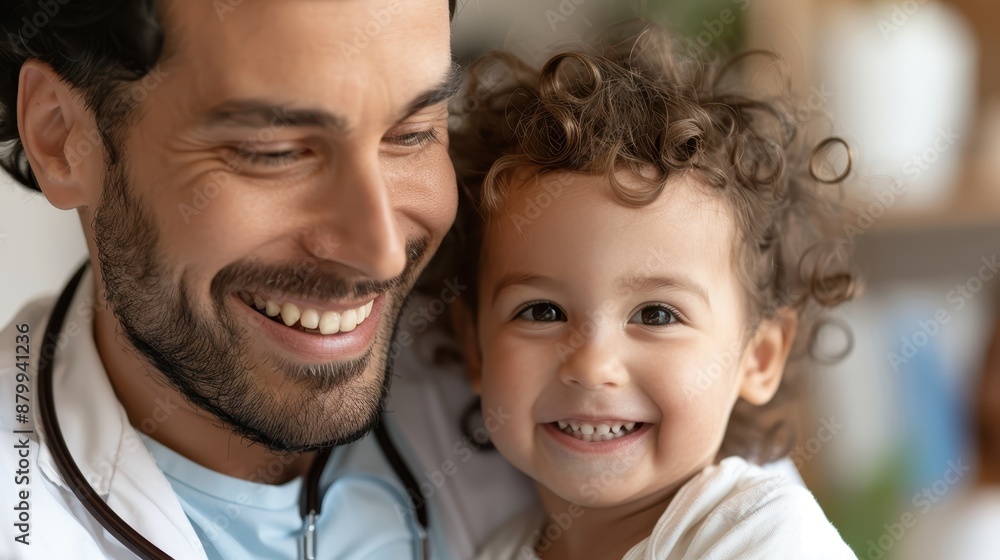 A smiling father holding his curly-haired child at home, enjoying a tender moment soaked in love and affection, showcasing the beauty of parent-child bonding.