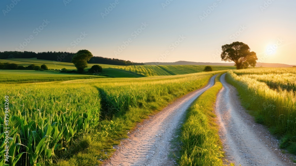 Winding dirt road through lush green fields, bathed in the soft, golden light of sunset, representing the journey and the beauty found in rural, untouched landscapes. Winding dirt road through lush green fields, bathed in the soft, golden light of sunset, representing the journey and the beauty found in rural, untouched landscapes.