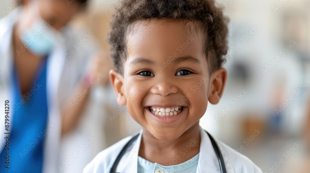 A smiling child in a white doctor's coat holds a stethoscope, depicting joyful aspirations and dreams of becoming a healthcare professional in a medical setting. A smiling child in a white doctor's coat holds a stethoscope, depicting joyful aspirations and dreams of becoming a healthcare professional in a medical setting.