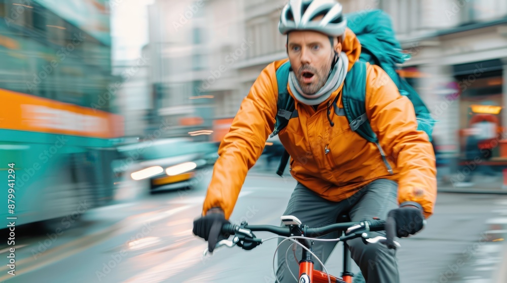 A man rides a bicycle through the busy city streets, wearing an orange jacket and helmet, embodying urban life, mobility, and active transportation. A man rides a bicycle through the busy city streets, wearing an orange jacket and helmet, embodying urban life, mobility, and active transportation.