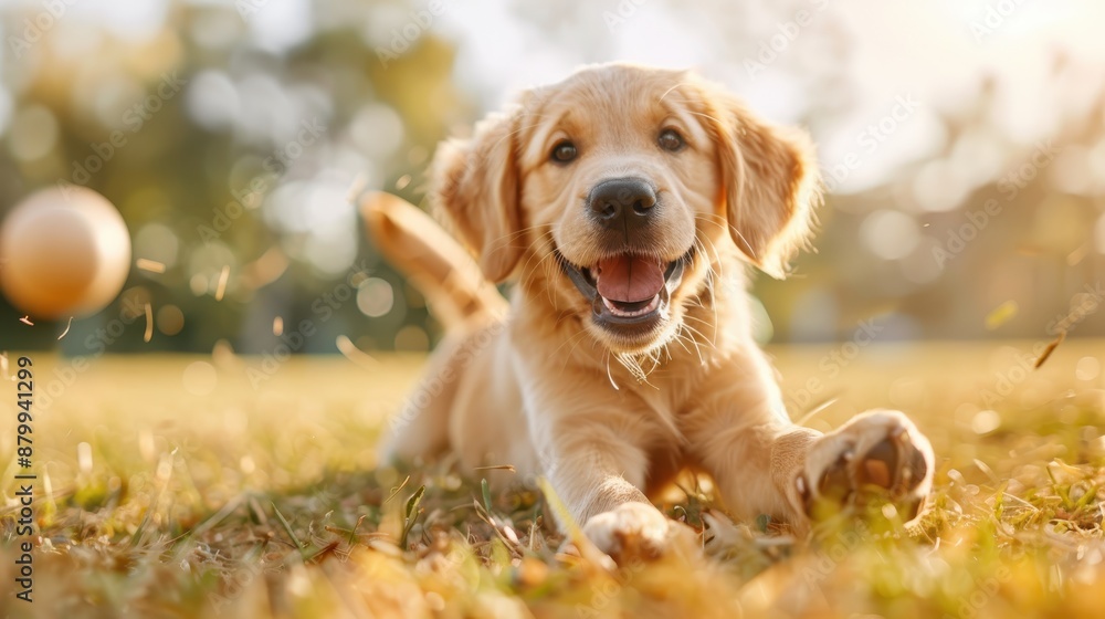 A happy golden retriever puppy joyfully plays with a toy ball in a sunny outdoor setting, capturing the essence of playfulness and happiness in a natural environment.