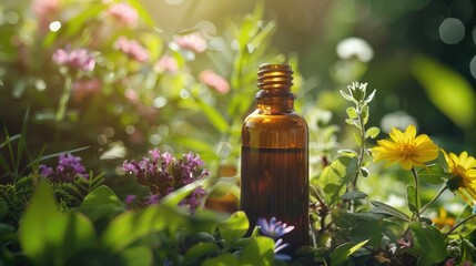 Brown bottle of essential oil with medicinal plants and flowers for wellness and spa use Bach therapy as an alternative remedy