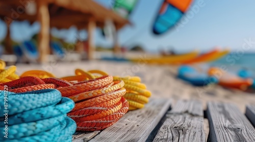Close-up of colorful ropes piled on the sandy beach, with kitesurfing equipment and a relaxed beach setting in the background, showcasing the vibrancy and energy of seaside recreation.