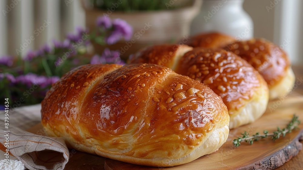 Freshly baked brioche bread on a table Freshly baked brioche bread on a table