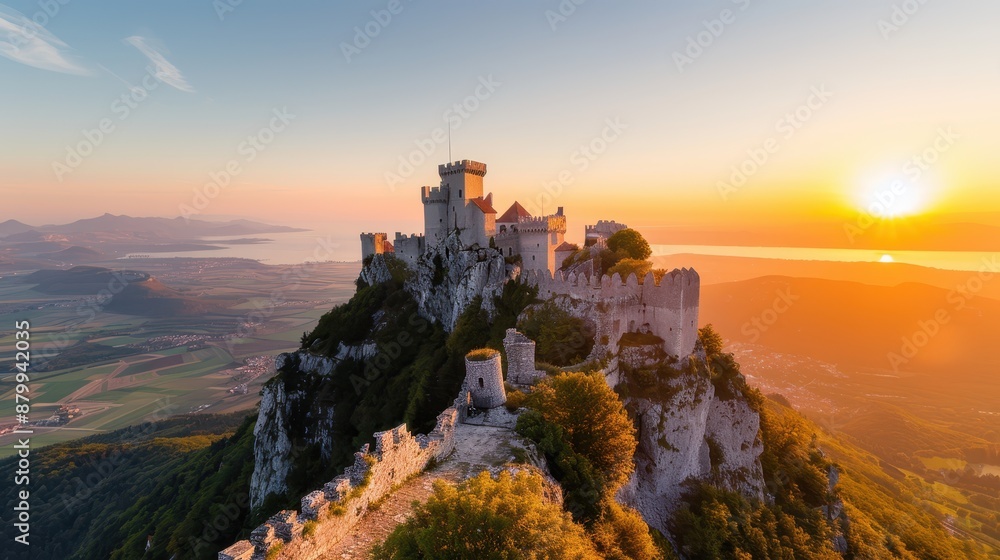 A majestic castle is overlooking a sprawling valley, captured at sunset. The scene illuminates the grand architecture and beautiful, vibrant scenery of the surrounding landscape. A majestic castle is overlooking a sprawling valley, captured at sunset. The scene illuminates the grand architecture and beautiful, vibrant scenery of the surrounding landscape.