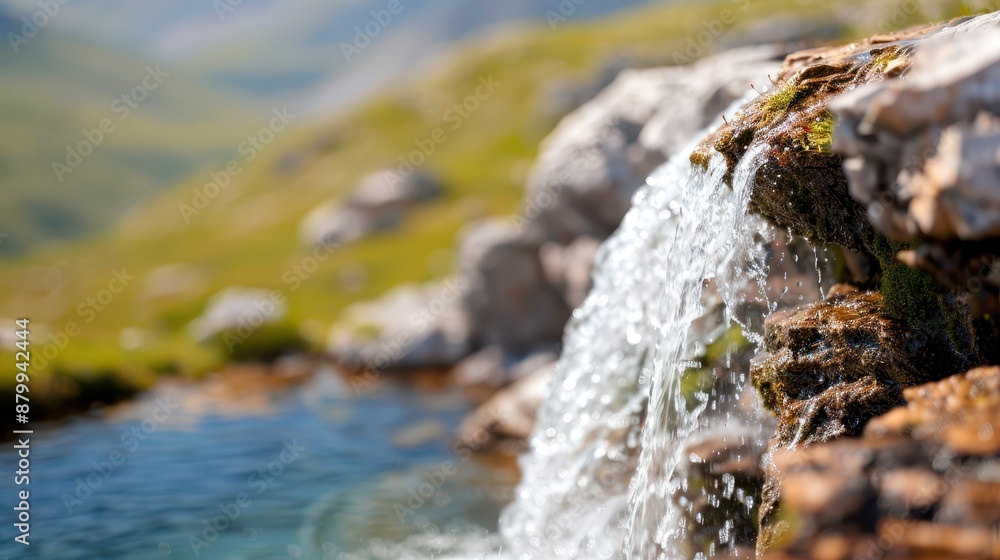A picturesque small waterfall gently cascading over rocky ledges, surrounded by lush greenery, creating a serene and tranquil natural scene in the sunlight. A picturesque small waterfall gently cascading over rocky ledges, surrounded by lush greenery, creating a serene and tranquil natural scene in the sunlight.
