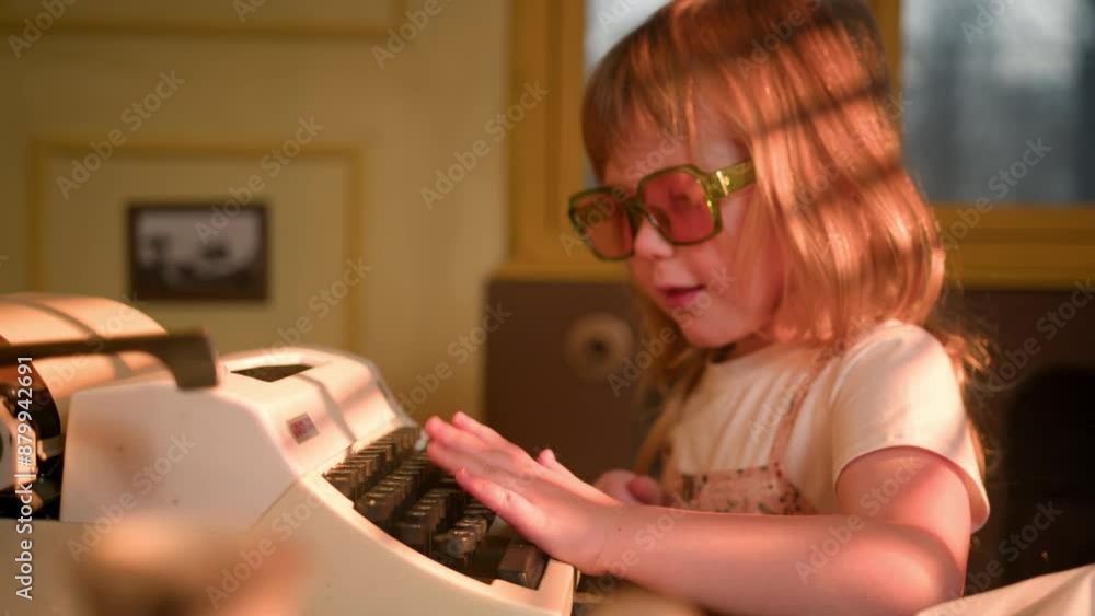 cute funny girl in pink glasses trying to type on a retro vintage typewriter. A child presses buttons on a typewriter. cute funny girl in pink glasses trying to type on a retro vintage typewriter. A child presses buttons on a typewriter.