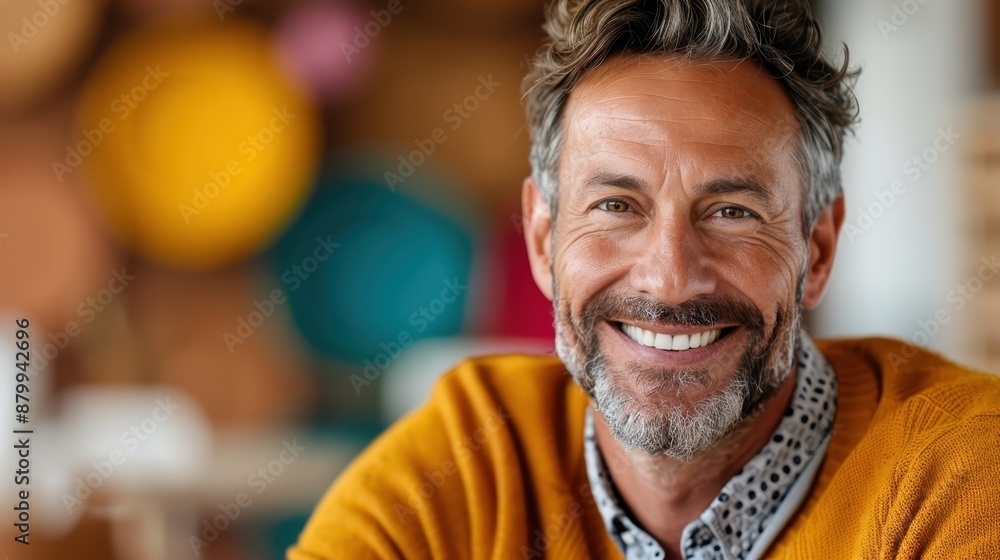This image features a person wearing a mustard-colored sweater, seated in a cozy, warmly-lit cafe with colorful circular decor elements on the wall in the background. This image features a person wearing a mustard-colored sweater, seated in a cozy, warmly-lit cafe with colorful circular decor elements on the wall in the background.