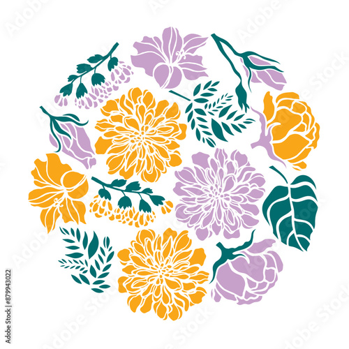 Circle for labels with roses, lilies, chrysanthemums. Vector illustration.