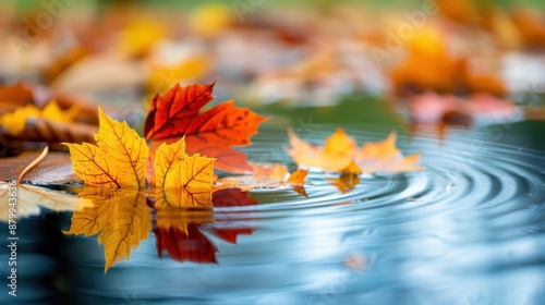 Vibrant autumn leaves in shades of red, orange, and yellow floating on a tranquil water surface, creating a serene and reflective scene that epitomizes the beauty of the fall season. photo