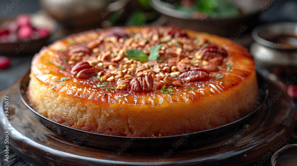 rustic upside down cake with an orange glaze and nuts, placed on a dark wooden plate, showcasing its delicious texture rustic upside down cake with an orange glaze and nuts, placed on a dark wooden plate, showcasing its delicious texture