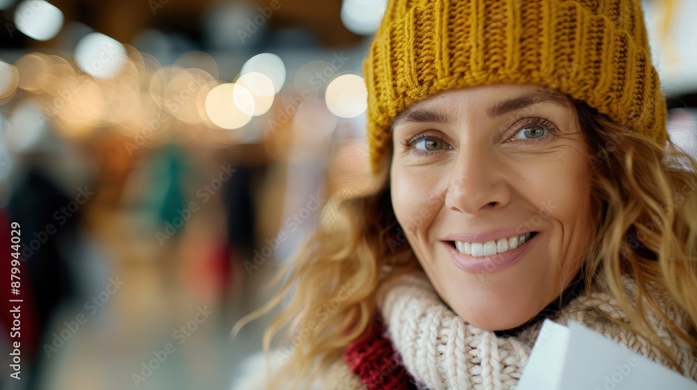 A woman wearing a yellow knit hat and scarf, along with a beaming smile, is seen against a vibrant, brightly lit indoor backdrop, evoking feelings of warmth and cheer. A woman wearing a yellow knit hat and scarf, along with a beaming smile, is seen against a vibrant, brightly lit indoor backdrop, evoking feelings of warmth and cheer.