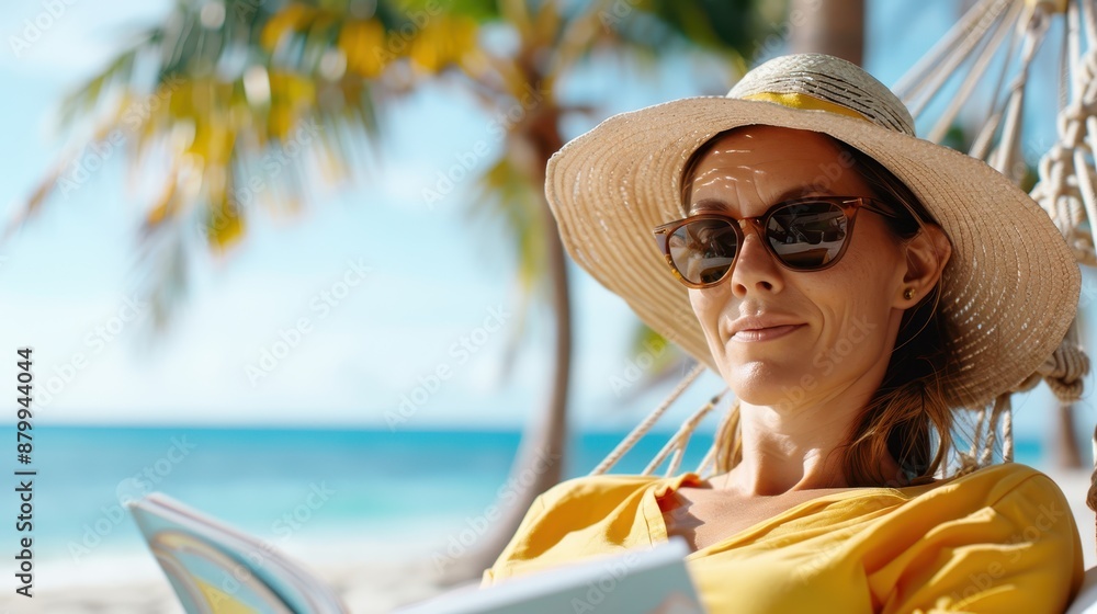 Fototapeta premium A woman in sunglasses and a hat is reading a book while enjoying the sunny beach environment, illustrating relaxation, enjoyment, and peacefulness in a tropical setting.