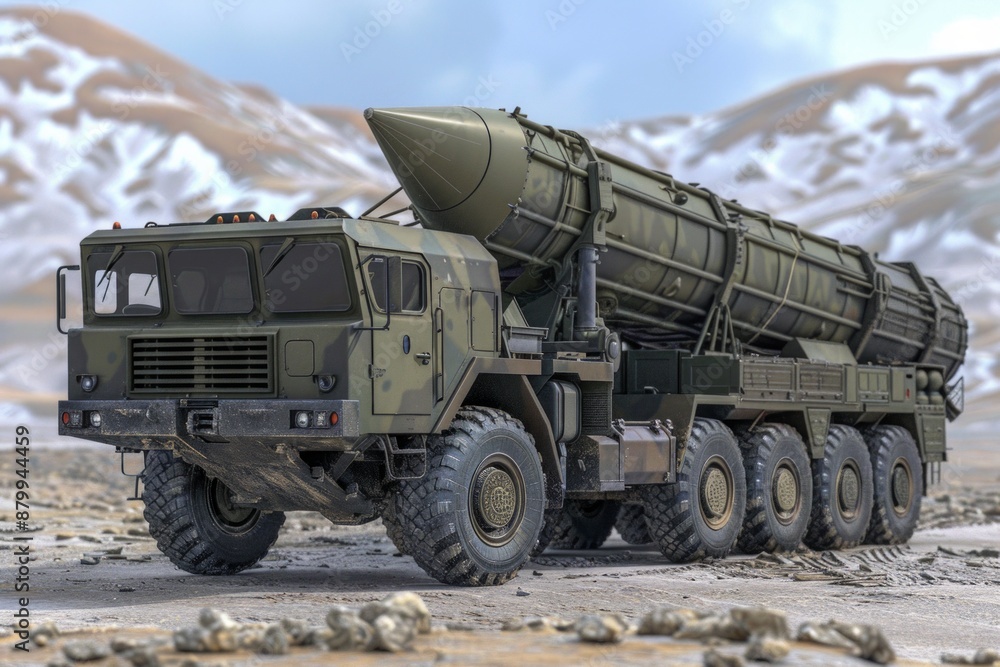 formidable military vehicle with a missile mounted on it, ready for action. formidable military vehicle with a missile mounted on it, ready for action.