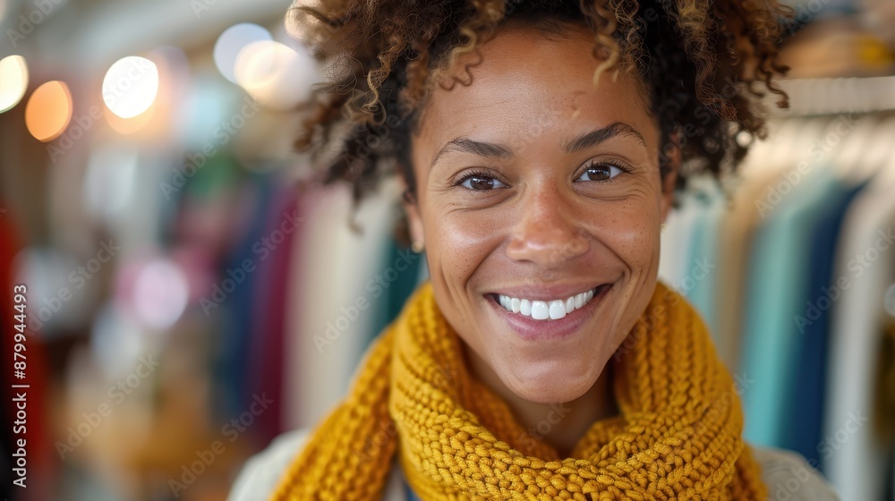 A radiant woman in a stylish shop, wearing a yellow scarf and smiling joyfully, expresses warmth and positivity. The background shows shelves of clothing items. A radiant woman in a stylish shop, wearing a yellow scarf and smiling joyfully, expresses warmth and positivity. The background shows shelves of clothing items.
