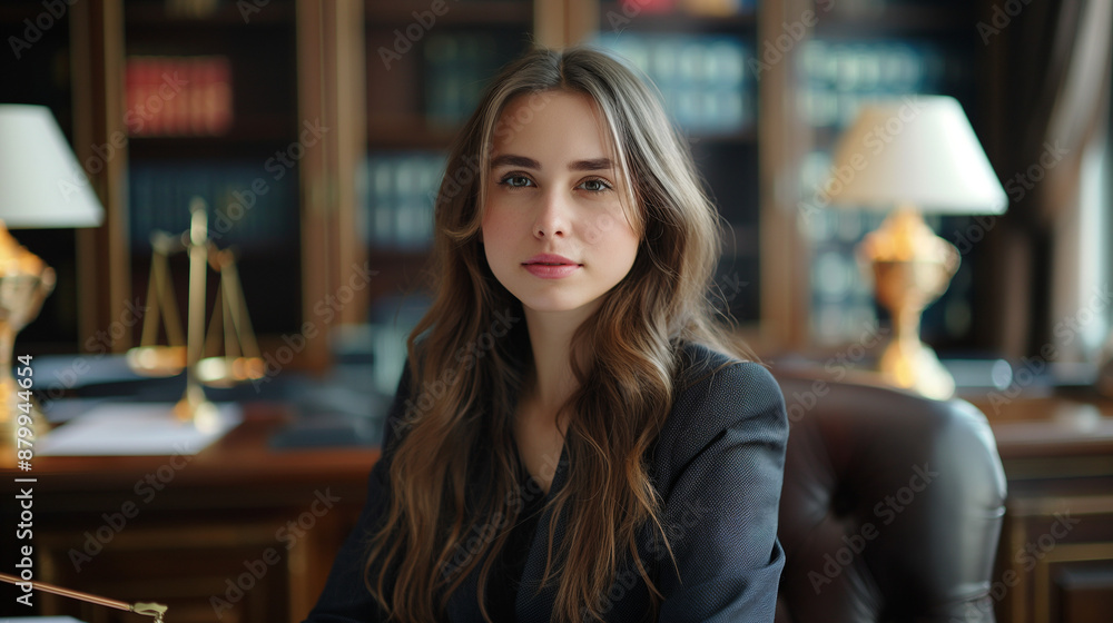 Portrait of young female Lawyer working in the office , on the desk scales Portrait of young female Lawyer working in the office , on the desk scales