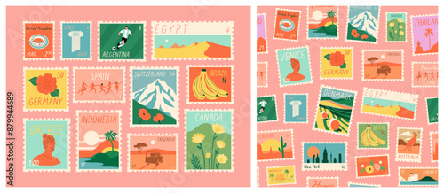 Vintage world travel post card stamp seamless pattern set. Retro international country landscape postage sticker background, famous landmark mail postmark wallpaper, tourism city postal label print.
