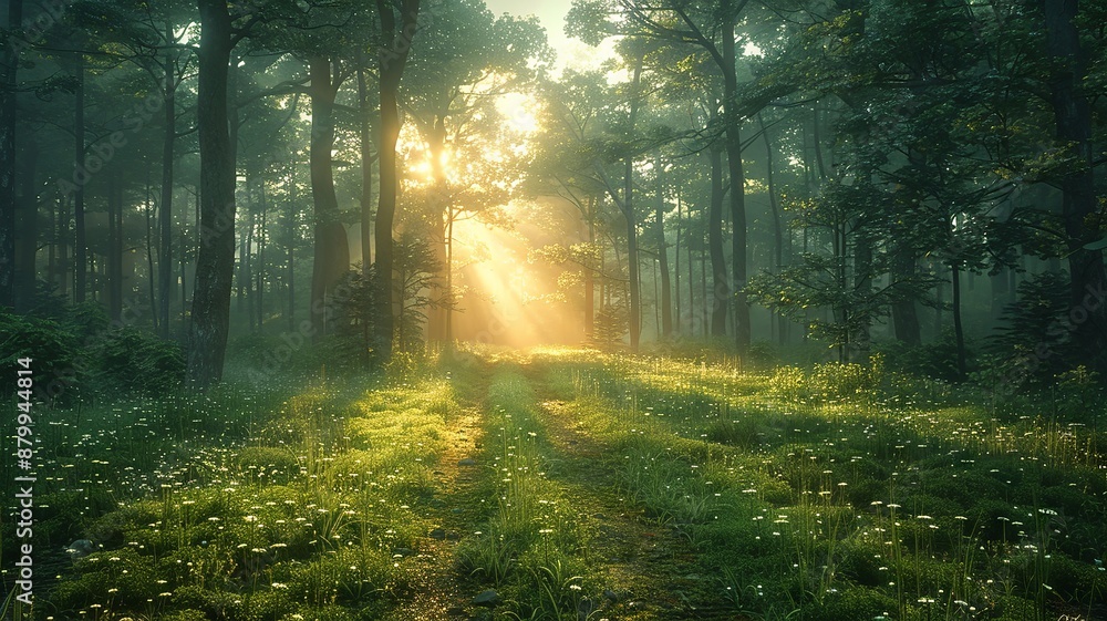 Obraz premium Sun rays breaking through the trees in a serene forest