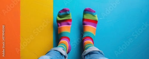 A person is wearing striped socks and standing on a colorful floor.