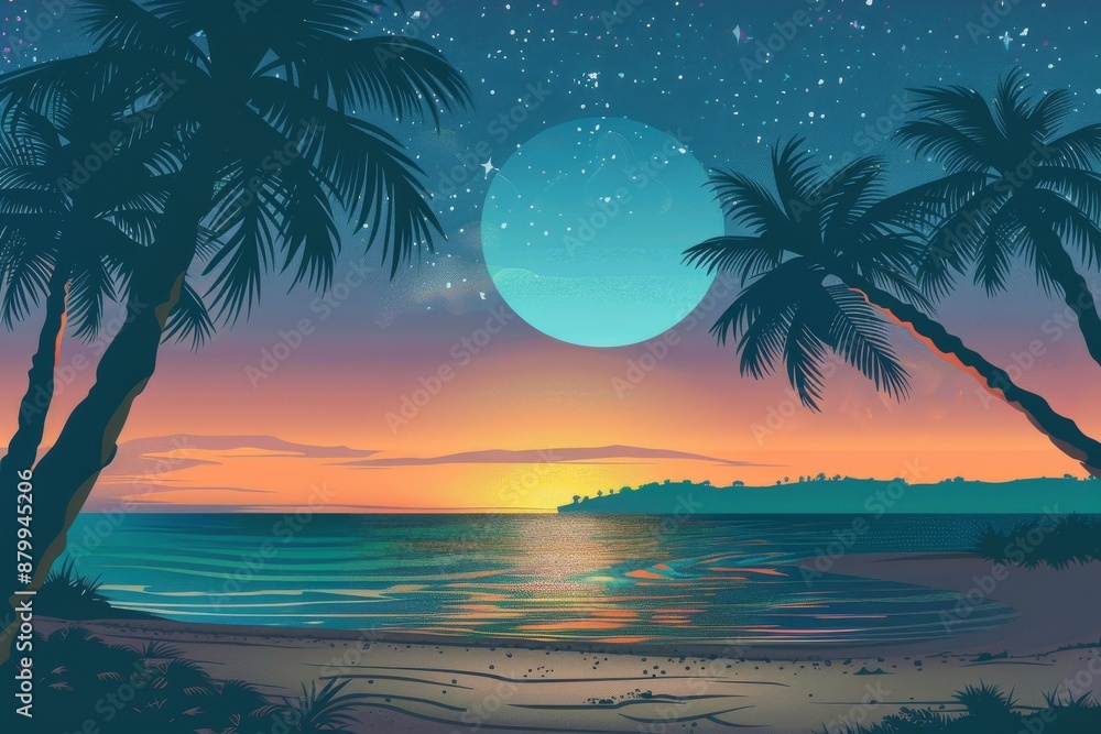 Obraz premium Vintage retro style summer T-shirt design with palm tree, sea beach and sunset. Beautiful simple AI generated image in 4K, unique.