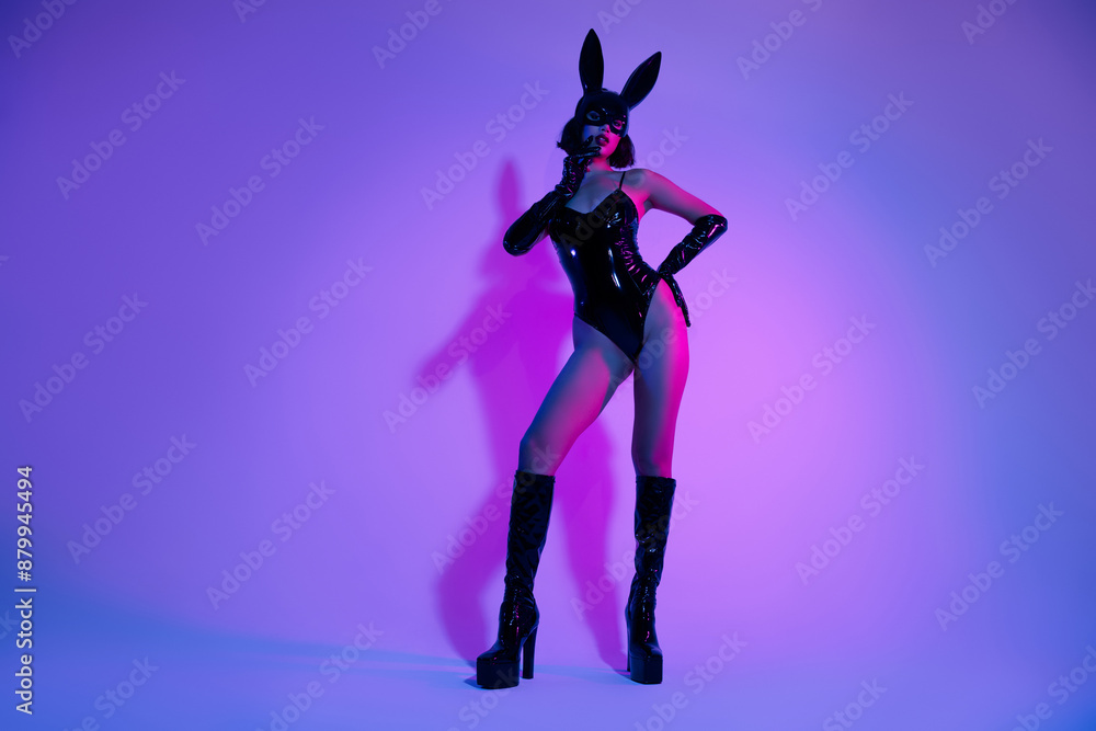 Photo of girl in rabbit costume feel tempting passionate isolated neon multicolor background Photo of girl in rabbit costume feel tempting passionate isolated neon multicolor background