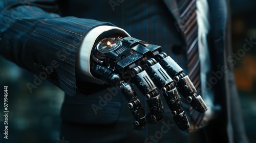 A photograph of a robotic hand elegantly posed, dressed in a luxury suit sleeve and wearing a crisp