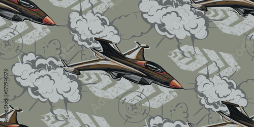 Seamless pattern Jet fighter. War plane repeat print on green background, arrows, explosion. Military aircraft. Vector