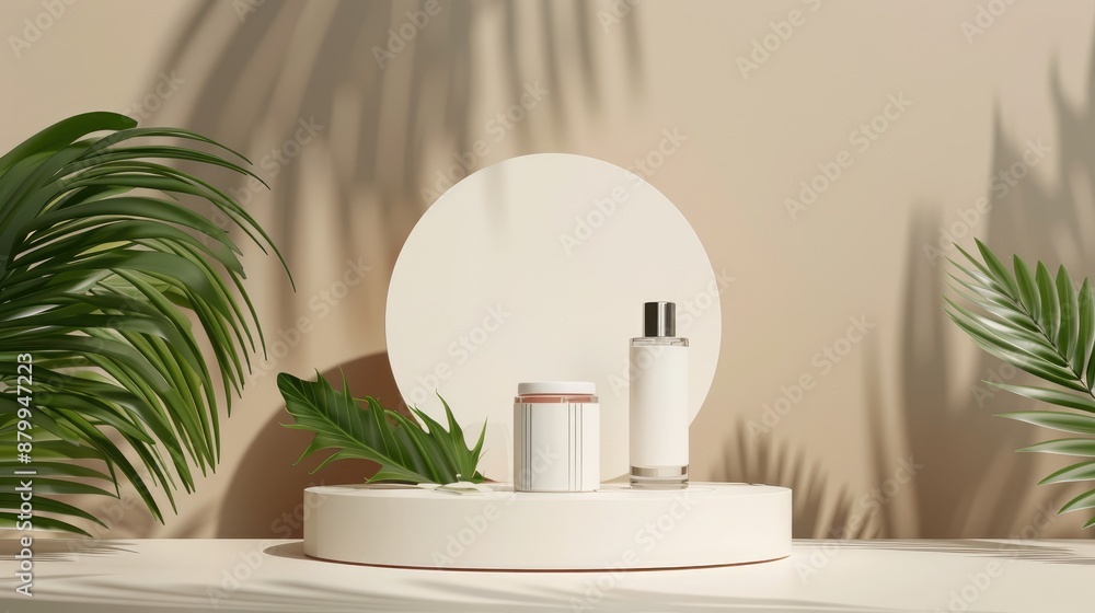 Presentation of cosmetic products on podium with leaf and arch in front of beige backdrop Presentation of cosmetic products on podium with leaf and arch in front of beige backdrop