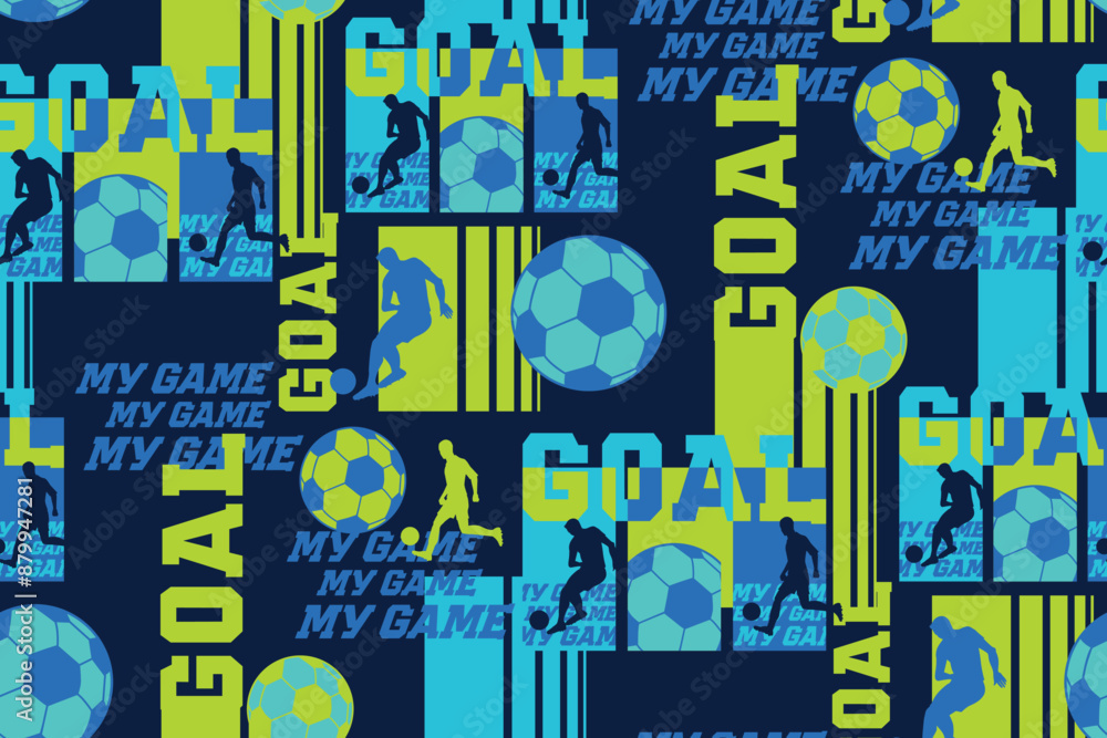 Football seamless pattern, running men silhouette, soccer ball. Soccer player print. Vector drawn by color lines. Line-art set. Football repeat print Football seamless pattern, running men silhouette, soccer ball. Soccer player print. Vector drawn by color lines. Line-art set. Football repeat print